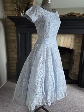 1950s Rockabilly Powder Blue satin and Lace Crinoline Dress